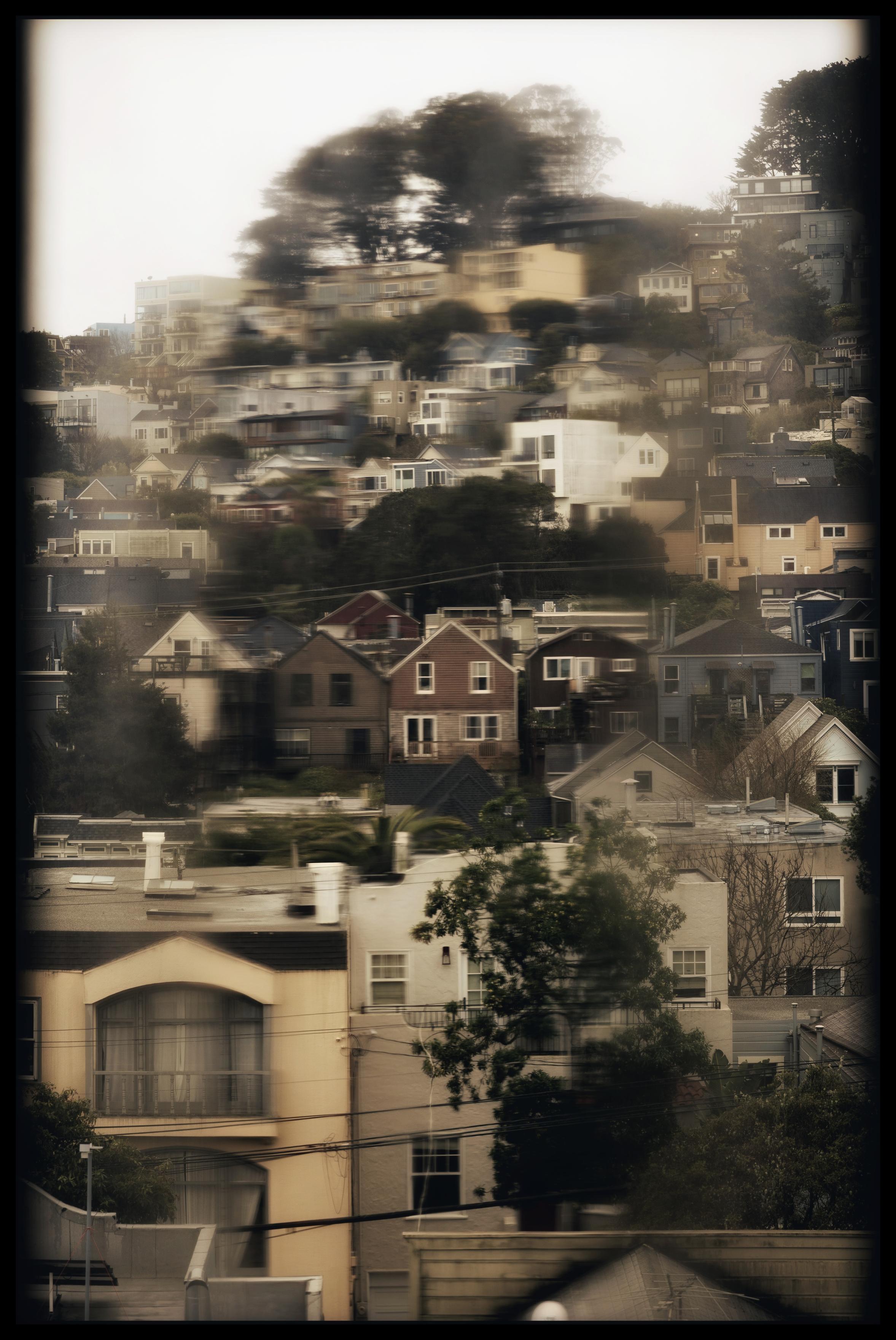 Not the best photo but pretty much what I saw on a very rainy afternoon earlier this week, as rain streaked down the window of a door at the rear of our kitchen. It's a gloomy, yellowed, blurry view of rows and rows of densely packed houses climbing up a hillside at the border of Noe Valley and Glen Park. Flat roofs, peaked roofs, Victorians, Mediterranean revival houses, boxy houses... This portion of San Francisco's architecture in a nutshell.