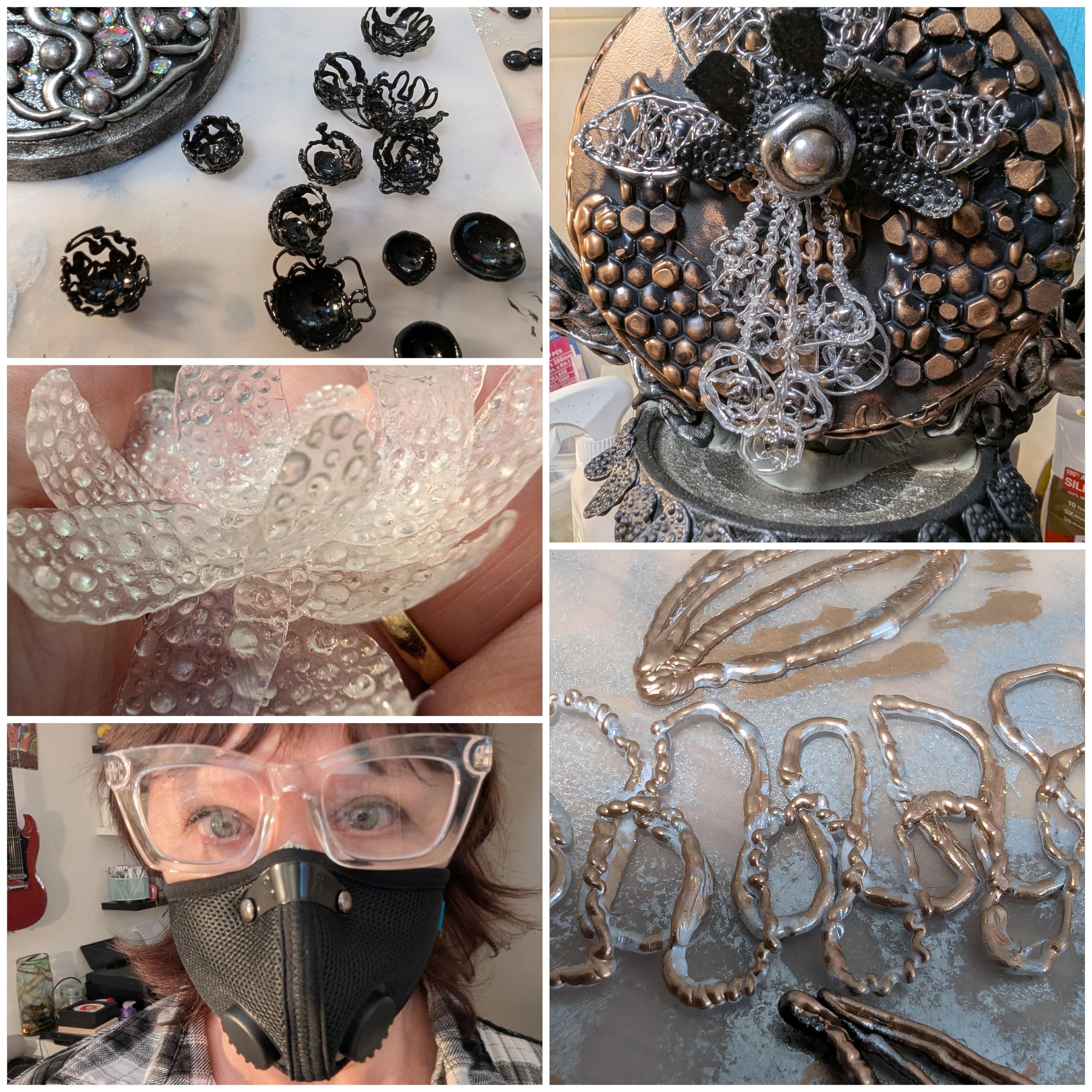 A collage of different items I made with a 3d pen.  Top left, black circle beads and cups. Top right, a  flower type shape. Left center, a translucent flower, left bottom me with a black face mask and clear glasses and bottom right, squiggles and leaf shapes.